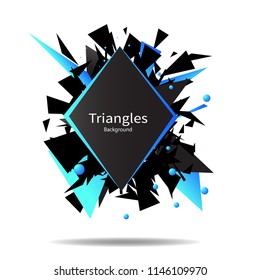 black and blue triangles, explosion, banner, vector illustration on white background with shadow