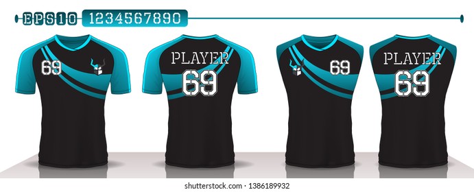 black and blue t-shirt sport design template and number for edit ,Soccer jersey mockup,uniform front and back view.