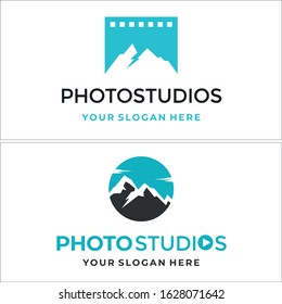 Black blue turquoise filmstrip rock mountain round icon vector illustration concept design logo suitable for photography cinema film maker industry studio business outdoor adventure