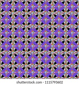 Black, blue and violet ethnic geometric motif seamless pattern in black, blue and violet on abstract background.