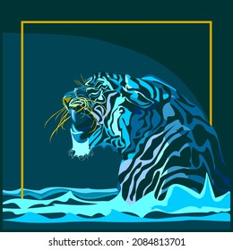 Black Blue Water tiger, symbol of 2022 year, turning head roaring showing fangs in open mouth