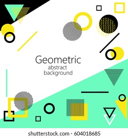 black blue white abstract geometric vector background, geometric elements, triangle, square, circle, rhombus, postcard