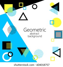 black blue white abstract geometric vector background, geometric elements, triangle, square, circle, rhombus, postcard