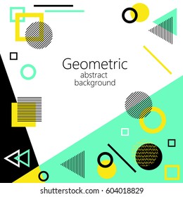 black blue white abstract geometric vector background, geometric elements, triangle, square, circle, rhombus, postcard