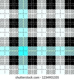 Black, blue and white fabric texture check tartan seamless pattern. Vector illustration.
