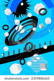 Black, blue and white geometrical graphic retro theme cover. Minimal geometric elements poster design. Vintage abstract shapes template for poster banner.