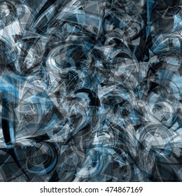 Black, blue, white, gray. Curved triangle. Sharp angles. Spirals. Abstract seamless monochrome vector pattern for the fabric, printing and packaging paper.