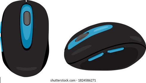 Black and blue wireless computer mouse isolated on white background, vector illustration set or clip art for design. Desktop computer mouse view from different angles