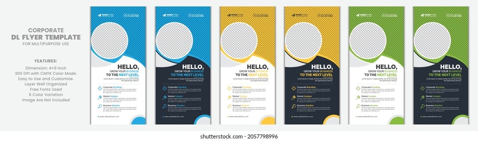 Black, Blue, Yellow, and Green Corporate Business DL Flyer Rack Card Template Set for Advertising and Multipurpose Use