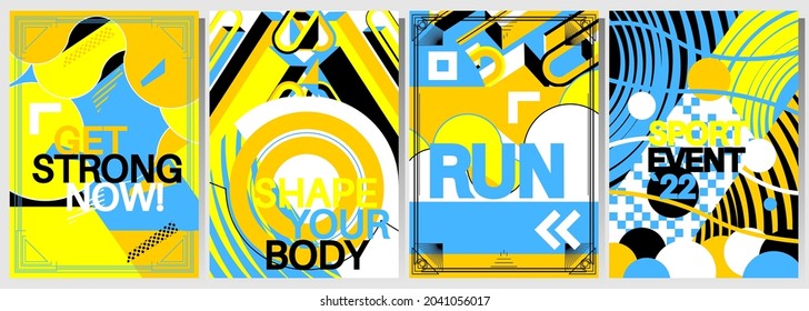 Black, blue, yellow and white sport social media banner templates with unique style. Business brochure collection. Leaflet, A4 size flyer, book cover, presentation, card  template set for marketing.