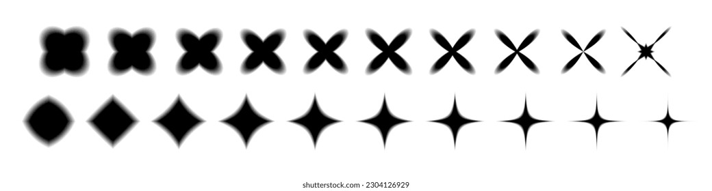 Colección de formas de estrella negras y borrosas. Formas borrosas con bordes suaves de estallido