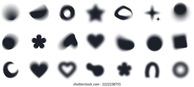 Black blurry shapes, abstract geometric forms with soft edges, blurry flower or heart aura aesthetic elements. Star, circle and square shape blurs, various silhouette forms with blur effect vector set