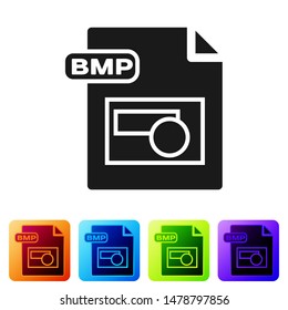 Black BMP file document. Download bmp button icon isolated on white background. BMP file symbol. Set icons in color square buttons. Vector Illustration