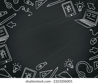 Black board back to school with hand drawn elements around and space for information in the middle. Frame black board Vector illustration.EPS10