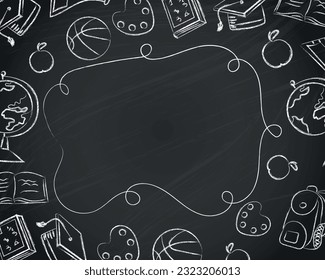 Black board back to school with hand drawn elements and space for information in the middle. Vector illustration. EPS10