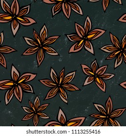 Black Board Background. Anise Star Seed Seamless Endless Pattern. Seasonal Food Background. Spice and Flavor Mulled Wine Cocktail Ingredient. Hand Drawn Illustration. Savoyar Doodle Style.