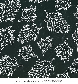 Black Board Background. Botanical Seamless Endless Pattern of Green Curley Parsley Leaves. Background With Aromatic Herb. Fresh Cooking Salad Ingredient. Hand Drawn Illustration. Savoyar Doodle Style.