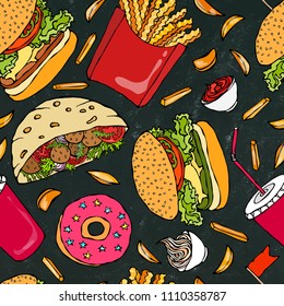 Black Board Background. Burger, Cola, French Fries, Ketchup, Falafel Pita, Meatballs, Mayonnaise Sauce. Fast Street Food Seamless. Realistic Hand Drawn Illustration. Savoyar Doodle Style.