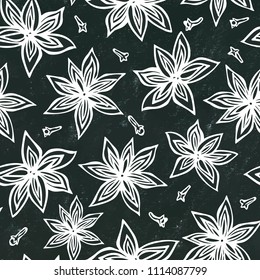 Black Board Background and Chalk. Anise Star Seed and Cloves Seamless Endless Pattern. Seasonal Food Background. Cooking or Aromatherapy. Hand Drawn Illustration. Savoyar Doodle Style.