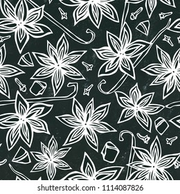 Black Board Background and Chalk. Anise Star Seed and Vanilla Seamless Endless Pattern. Seasonal Food Background. Cooking or Aromatherapy. Hand Drawn Illustration. Savoyar Doodle Style.