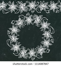 Black Board Background and Chalk. Endless Pattern Brush, Round Garland with with Anise Star Seeds. Molted Wine or Sangria Coctail. Hand Drawn Vector Illustration. Savoyar Doodle Style.