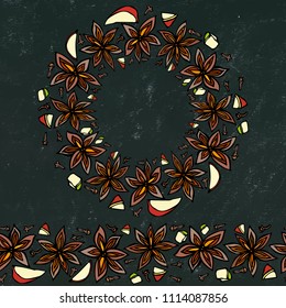 Black Board Background and Chalk. Endless Pattern Brush, Round Garland with with Anise Star Seeds. Molted Wine or Sangria Coctail. Hand Drawn Vector Illustration. Savoyar Doodle Style.