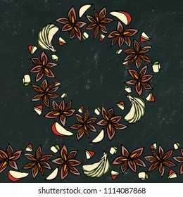 Black Board Background and Chalk. Endless Pattern Brush, Round Garland with with Anise Star Seeds. Molted Wine or Sangria Coctail. Hand Drawn Vector Illustration. Savoyar Doodle Style.