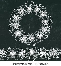 Black Board Background and Chalk. Endless Pattern Brush, Round Garland with with Anise Star Seeds. Molted Wine or Sangria Coctail. Hand Drawn Vector Illustration. Savoyar Doodle Style.