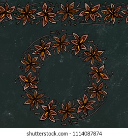 Black Board Background and Chalk. Endless Pattern Brush, Round Garland with with Anise Star Seeds. Molted Wine or Sangria Coctail. Hand Drawn Vector Illustration. Savoyar Doodle Style.