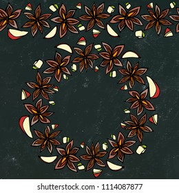 Black Board Background and Chalk. Endless Pattern Brush, Round Garland with with Anise Star Seeds. Molted Wine or Sangria Coctail. Hand Drawn Vector Illustration. Savoyar Doodle Style.