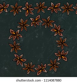 Black Board Background and Chalk. Endless Pattern Brush, Round Garland with with Anise Star Seeds. Molted Wine or Sangria Coctail. Hand Drawn Vector Illustration. Savoyar Doodle Style.
