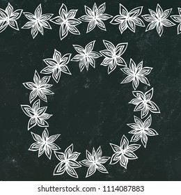 Black Board Background and Chalk. Endless Pattern Brush, Round Garland with with Anise Star Seeds. Molted Wine or Sangria Coctail. Hand Drawn Vector Illustration. Savoyar Doodle Style.