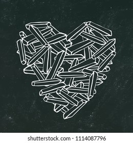 Black Board Background and Chalk. Heart of Potato French Fries. Love Delicious Fried Potatoes Fast Food. Street Junk Food Lover Poster. Hand Drawn Vector Illustration. Savoyar Doodle Style.