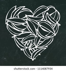 Black Board Background and Chalk. Heart of Potato Wedges Fries. Love Delicious Fried Potatoes Fast Food. Street Junk Food Lover Poster. Hand Drawn Vector Illustration. Savoyar Doodle Style.