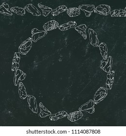 Black Board Background and Chalk. Wreath Round Frame of Popular Steak Types.Steak House Restaurant Menu. Hand Drawn Illustration. Savoyar Doodle Style. Porterhouse, T-bone, New York Strip, Rib Eye.
