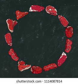 Black Board Background and Chalk. Wreath Round Frame of Popular Steak Types.Steak House Restaurant Menu. Hand Drawn Illustration. Savoyar Doodle Style. Porterhouse, T-bone, New York Strip, Rib Eye.