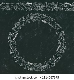 Black Board Background and Chalk. Wreath Round Frame of Popular Steak Types.Steak House Restaurant Menu. Hand Drawn Illustration. Savoyar Doodle Style. Porterhouse, T-bone, New York Strip, Rib Eye.