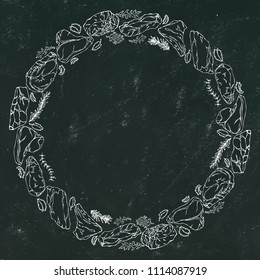 Black Board Background and Chalk. Wreath Round Frame of Popular Steak Types.Steak House Restaurant Menu. Hand Drawn Illustration. Savoyar Doodle Style. Porterhouse, T-bone, New York Strip, Rib Eye.