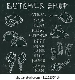 Black Board Background. Meat Set with Lettering. Steak House or Butcher Shop or Restaurant Menu. Lamb, Pork, Ribs, Bacon. Hand Drawn Illustration. Savoyar Doodle Style.