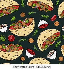 Black Board Background. Seamless Endless Pattern with Falafel Pita or Meatball Salad in Pocket Bread. Arabic Israel Healthy Fast Street Food. Realistic Hand Drawn Illustration. Savoyar Doodle Style.