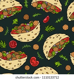 Black Board Background. Seamless Endless Pattern with Falafel Pita or Meatball Salad in Pocket Bread. Arabic Israel Healthy Fast Street Food. Realistic Hand Drawn Illustration. Savoyar Doodle Style.