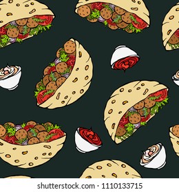 Black Board Background. Seamless Endless Pattern with Falafel Pita or Meatball Salad in Pocket Bread. Arabic Israel Healthy Fast Street Food. Realistic Hand Drawn Illustration. Savoyar Doodle Style.