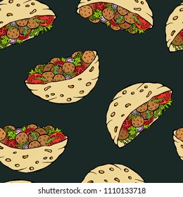 Black Board Background. Seamless Endless Pattern with Falafel Pita or Meatball Salad in Pocket Bread. Arabic Israel Healthy Fast Street Food. Realistic Hand Drawn Illustration. Savoyar Doodle Style.