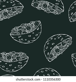 Black Board Background. Seamless Endless Pattern with Falafel Pita or Meatball Salad in Pocket Bread. Arabic Israel Healthy Fast Street Food. Realistic Hand Drawn Illustration. Savoyar Doodle Style.
