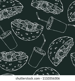 Black Board Background. Seamless Endless Pattern with Falafel Pita or Meatball Salad in Pocket Bread and Cola Cap. Healthy Fast Street Food. Realistic Hand Drawn Illustration. Savoyar Doodle Style.