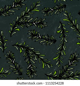 Black Board Background. Seamless Endless Pattern of Rosemary Branch. Aromatic Healing Herb. Fresh Cooking BBQ Ingredient. Steak Meat Spice. Hand Drawn Illustration. Savoyar Doodle Style.