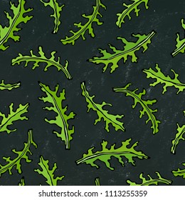 Black Board Background. Seamless Endless Pattern of Arugula, Rucola, Rocket Salad Fresh Green Leaves. Aromatic Herb. Fresh Cooking Salad Ingredient. Hand Drawn Illustration. Savoyar Doodle Style.