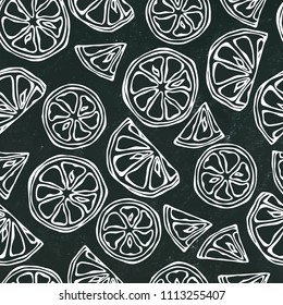 Black Board Background. Seamless Endless Pattern of Citrus Lime. Hand Drawn Illustration. Savoyar Doodle Style.