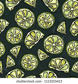Black Board Background. Seamless Endless Pattern of Citrus Lime. Hand Drawn Illustration. Savoyar Doodle Style.