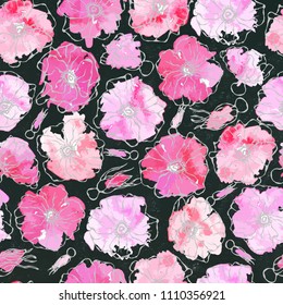 Black Board Background. Seamless Pattern Watercolor Wild Rose Pink Flower. Dog Rose, Briar Leaf. Botanical Painting. Realistic Hand Drawn Illustration. Savoyar Doodle Style.